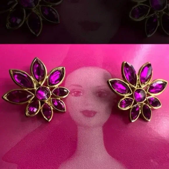 Vintage disco era hot pink stars-like zirconia clipped earrings - Picture 13 of 14